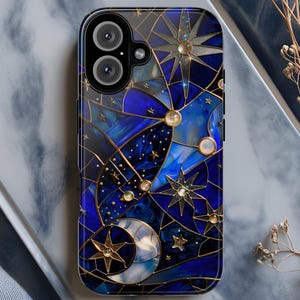 Blue Celestial Tough Phone Case | Starry Night PRINTED Stained Glass design | Moon & Stars Protective Cover | For iPhone, Galaxy and Pixel
