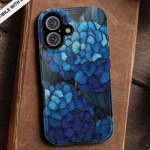 Dark Blue Hydrangeas Magsafe Tough Phone Case, Hydrangea Stained Glass PRINTED Design, Floral Protective Covers for iPhone 17 16 15 14 13 12
