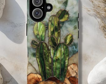 Cactus Tough Phone Case, Cacti PRINTED Stained Glass Design, Protective Covers for iPhone , Galaxy & Pixel