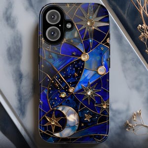 Celestial Starry Night Tough Printed Phone Case Crescent Moon stars Iphone 16 15 14 13 12 11 X 8 Pro Max Plus Galaxy S25 S24 S23 Pixel 9 8