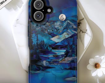 Moon Mountains River MagSafe Tough Phone Case, Stained Glass PRINTED Design, Wilderness Protective Cover iPhone 17 16 15 14 13 12