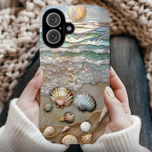 Shells Ocean Waves Stained Glass PRINTED Tough Phone CaseIphone 16 15 14 13 12 11 X 8 Pro Max Plus Galaxy S25 S24 S23 Pixel 9 8 Coastal Sea