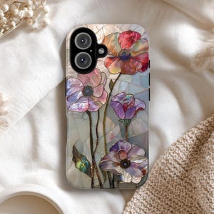Colorful boho wildflowers stained glass PRINTED Tough Phone Case Spring Summer Poppies iPhone 17 16 15 14 13 Galaxy S26 S25 S24 Pixel 10 9 8