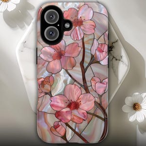 Pink Cherry Blossom Stained Glass PRINTED Tough Phone Case Floral Flowery Japanese Sakura Iphone 16 15 14 13 Galaxy S25 S24 S23 Pixel 9 8 7