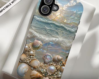 Shells Ocean Waves MagSafe Tough Phone Case, Coastal Stained Glass PRINTED Design, iPhone 17 16 15 14 13 12 Pro Max Plus