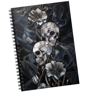 Gothic Skulls Wildflowers Stained Glass PRINTED Spiral Notebook Lined Journal Sketchbook Notepad Dark Academia Writer Grunge Alternative