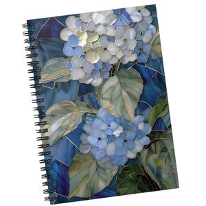 Pretty Blue Hydrangea Stained Glass PRINTED Spiral Notebook Lined Journal Planner Sketchbook Notepad Flower Floral Nature Botanical Writer