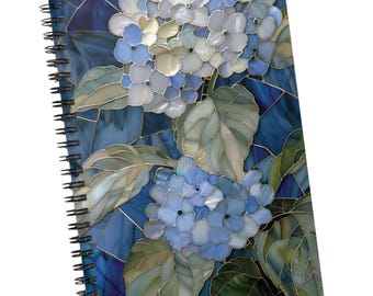 Pretty Blue Hydrangea Stained Glass PRINTED Spiral Notebook Lined Journal Planner Sketchbook Notepad Flower Floral Nature Botanical Writer