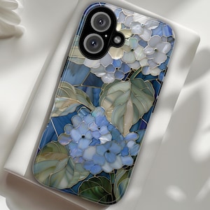 Blue Hydrangea Tough Phone Case | Floral PRINTED Stained Glass Design | Flower Pattern Protective Covers for iPhone, Galaxy and Pixel models