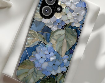 Blue Hydrangea Tough Phone Case | Floral PRINTED Stained Glass Design | Flower Pattern Protective Covers for iPhone, Galaxy and Pixel models