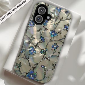 Pretty Wildflowers Magsafe Tough Phone Case, Abalone Inlay Pattern PRINTED Design, iPhone 17 16 15 14 13 12 Mother of Pearl Inspired