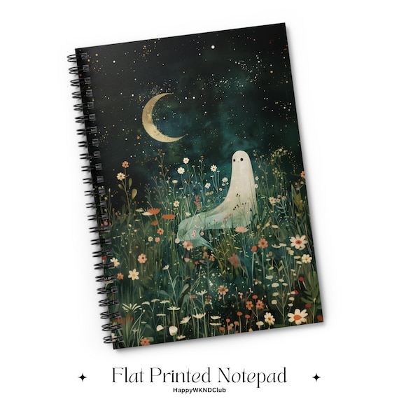 Wildflowers Ghost Journal, Spooky Cute Spiral Notebook, Halloween Gift, Celestial Crescent Moon Night Sky, Whimsical Floral Meadow, Witchy