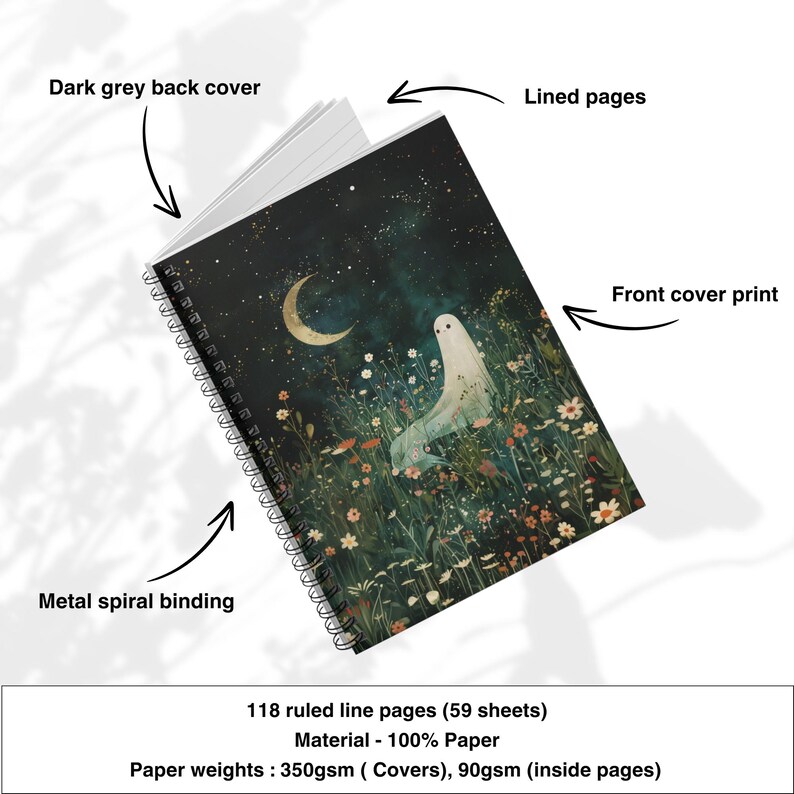 May include: Spiral-bound notebook with a dark cover featuring a whimsical illustration of a ghost in a field of flowers under a crescent moon and starry night sky. The notebook has lined pages and a dark grey back cover. It contains 118 ruled pages made of 100% paper.