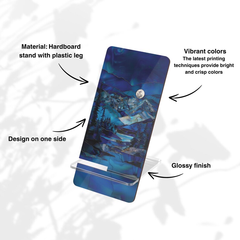 May include: A hardboard phone stand with a plastic leg, featuring a glossy finish. The stand has a design on one side with vibrant colors. The text on the image says "Material: Hardboard stand with plastic leg" and "Vibrant colors".