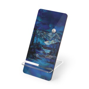 Mountain Moon Design Mobile Display Stand, Faux stained glass, Phone Holder, Desk Organizer, Nature Lovers, Home Office Decor, Wilderness image 4