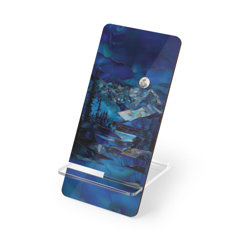 Mountain Moon Design Mobile Display Stand, Faux stained glass, Phone Holder, Desk Organizer, Nature Lovers, Home Office Decor, Wilderness image 4