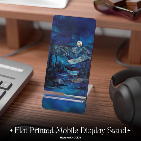Mountain Moon Design Mobile Display Stand, Faux stained glass, Phone Holder, Desk Organizer, Nature Lovers, Home Office Decor, Wilderness