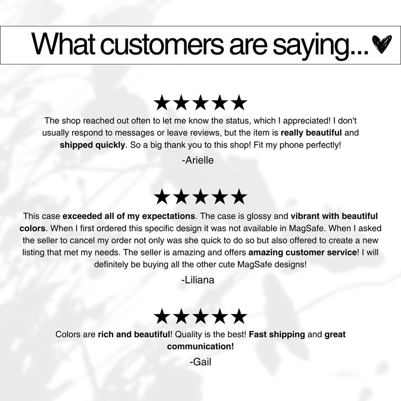 May include: Black text on a white background reads "What customers are saying..." followed by customer reviews. The reviews include star ratings and comments about product quality, shipping, and customer service.