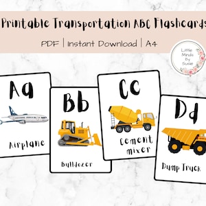 Afdrukbare transport ABC-flashcards, kleuterschool, thuisschool, kleuterschool, educatieve flashcards, voertuignamen A tot Z, voertuigen