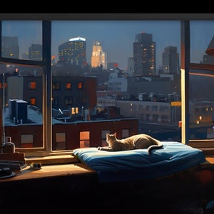 A Painting Print Of A Cat Looking Out A Window At A City In The Style Of Edward Hopper&#39;s NightHawks V1