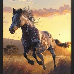 Gemälde Druck Eines Appaloosa Pferdes das durch Ein Feld läuft in einem Sonnenuntergang in Kalifornien V1