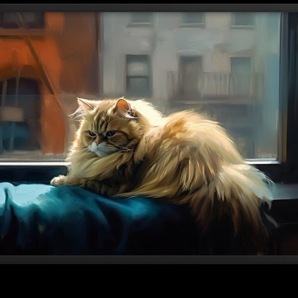 A Persian Cat Resting In A Window In New York In The Style And Colors Of Edward Hopper's "New York Office" V1