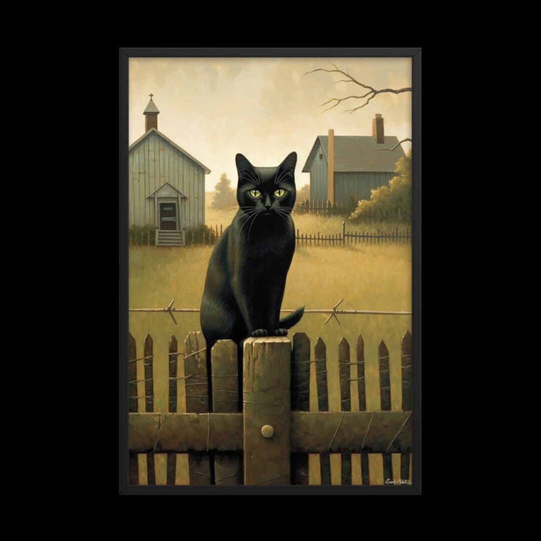 An Oil Painting Print of A Black Cat Perched on A Fence in A Rural ...