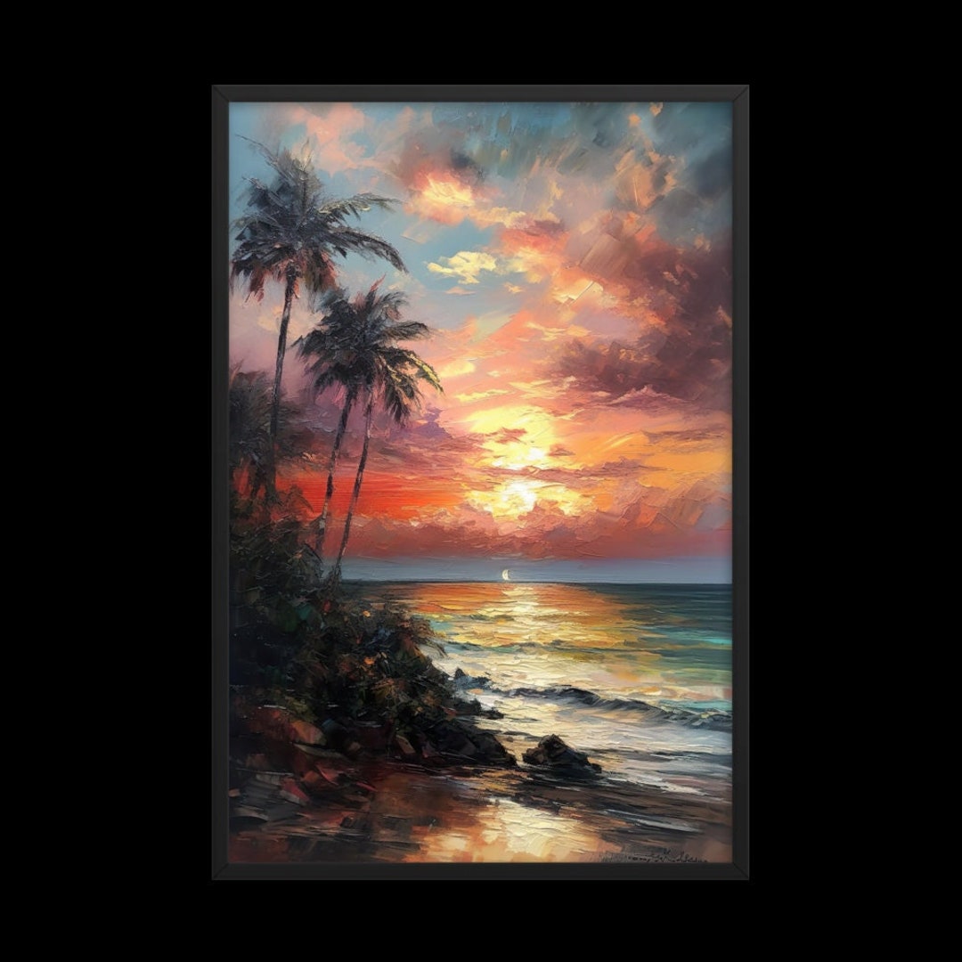Oil Painting Print of A Vibrant Sunset Over the Ocean, With Palm Trees ...
