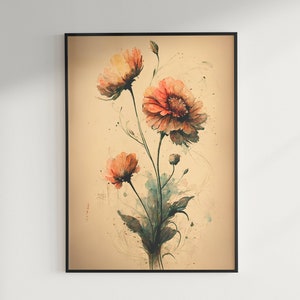 Könnte beinhalten: Aquarellmalerei eines Straußes orangefarbener und roter Blumen mit grünen Stielen und Blättern auf beigefarbenem Hintergrund.