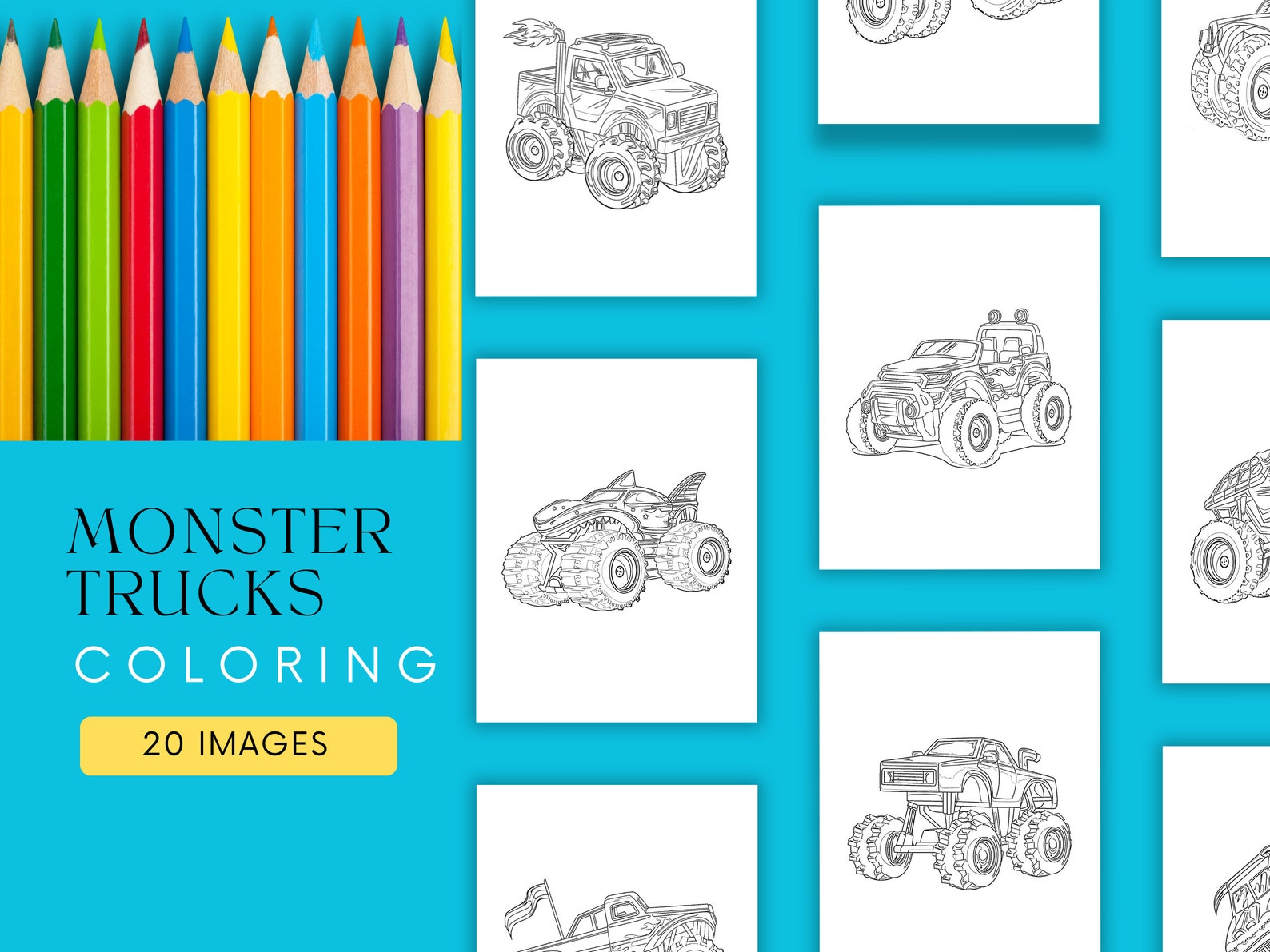 Monster Truck Coloring Pages for Boys, 20 Monster Truck Coloring Sheets for Boys, Kids Printable ...
