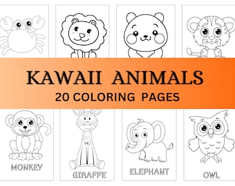 Kawaii Coloring Pages, 20 Cute Kawaii Baby Animal Coloring book for Kids and todlers, Printable Instant Download