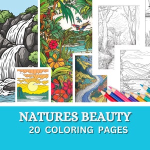 Printable Colouring Pages for Kids and Adults, 20 Nature Landscapes Coloring pages instants download Coloring Book pages,