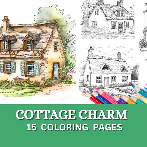 Cottage House Coloring Pages for adults, Cottage Charm 15 Houses Coloring pages, Printable Coloring Book, Instant download