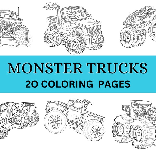 Monster Truck Coloring Pages for Boys, 20 Monster Truck Coloring Sheets for Boys, kids printable coloring pages digital download