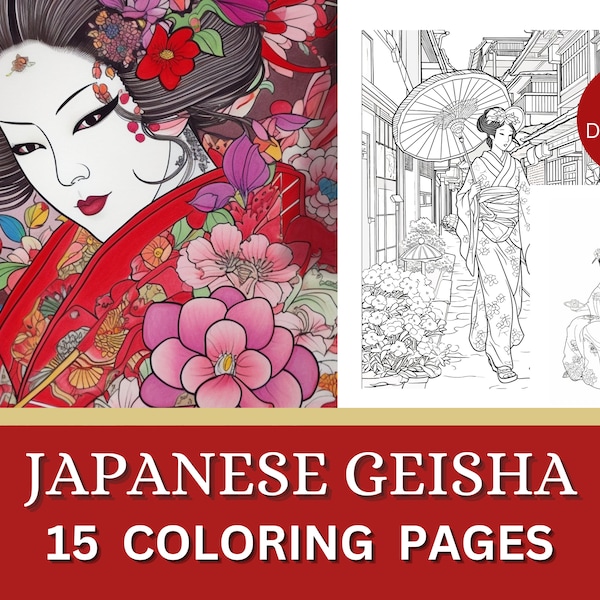 Japanese coloring Pages, Japanese Geisha Girls Coloring pages , 15 Printable Adult Coloring Pages for Instant Download, kimono asian women