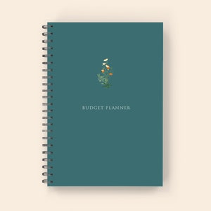May include: Teal blue spiral bound budget planner with a small floral illustration and the text "BUDGET PLANNER" on the front cover.