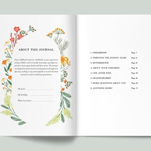 May include: A floral-themed journal with a white cover and a table of contents listing chapters such as "Childhood", "Through the School Years", "Motherhood", "About Your Children", "Life After Kids", "Grandchildren", "More Questions About You", and "Anything More".