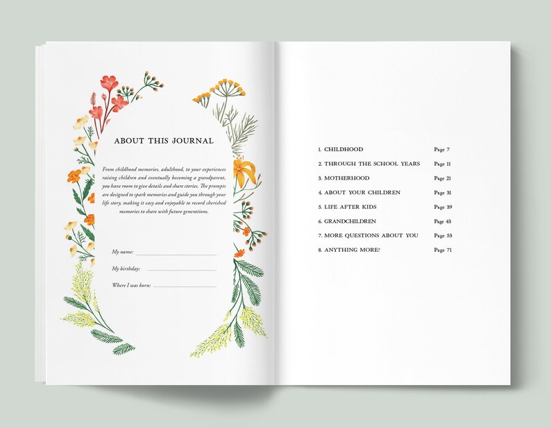 May include: A floral-themed journal with a white cover and a table of contents listing chapters such as "Childhood", "Through the School Years", "Motherhood", "About Your Children", "Life After Kids", "Grandchildren", "More Questions About You", and "Anything More".