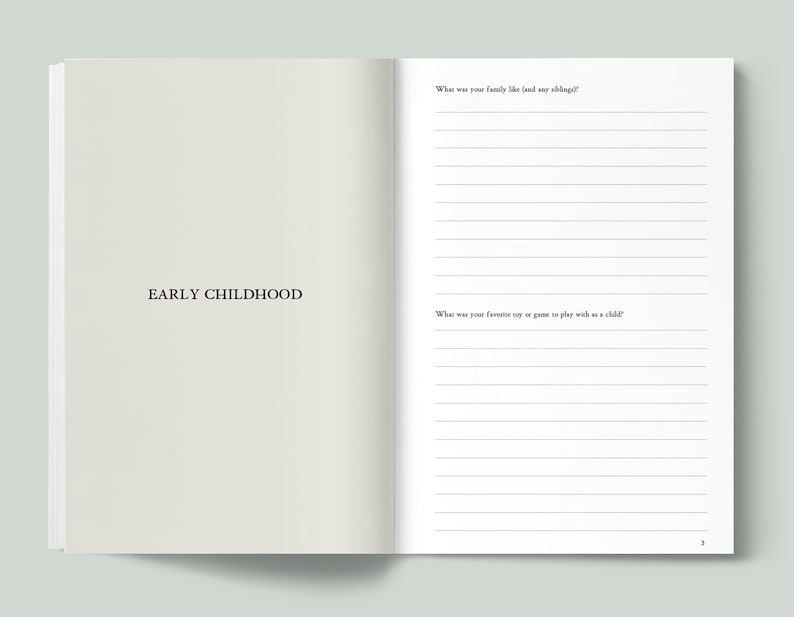 May include: An open journal with lined pages and the text "EARLY CHILDHOOD" on the left page. The right page has two prompts: "What was your family like and any siblings?" and "What was your favorite toy or game to play with as a child?"