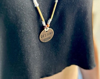 Upcycled Brass Tag Necklace: Seed Beads, Wooden Beads, Wax Linen
