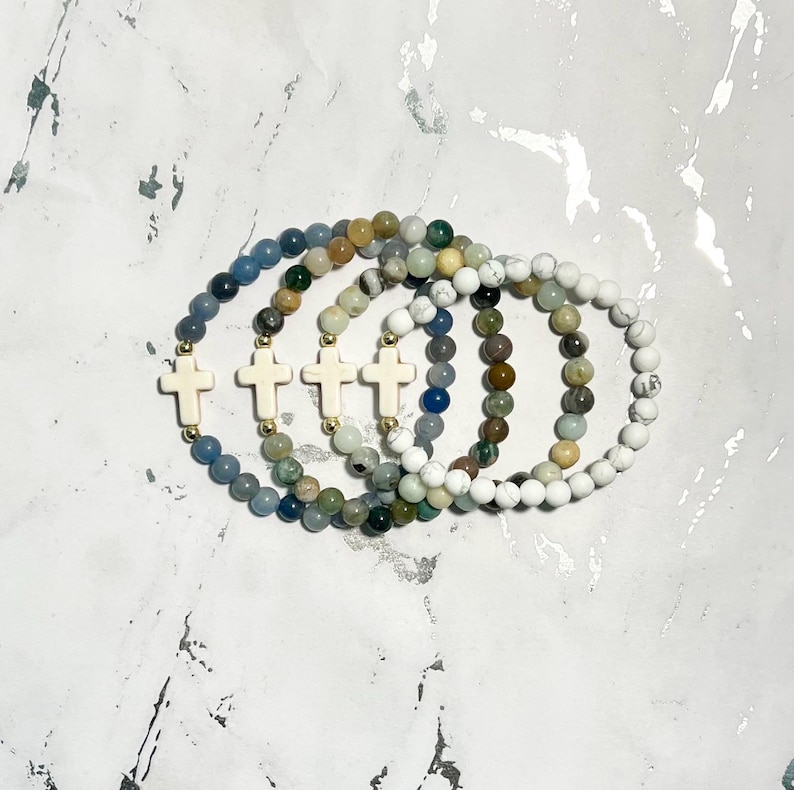 Gemstone cross bead bracelet boho religious jewelry for women faith inspired jewelry for moms bone bead cross bracelet Easter gift for her image 10