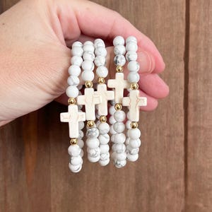 Gemstone cross bead bracelet boho religious jewelry for women faith inspired jewelry for moms bone bead cross bracelet Easter gift for her image 11
