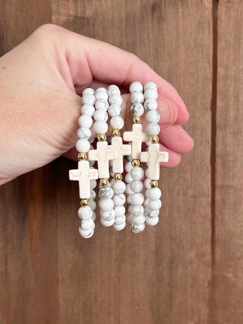 Gemstone cross bead bracelet boho religious jewelry for women faith inspired jewelry for moms bone bead cross bracelet Easter gift for her image 11