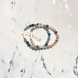 Gemstone cross bead bracelet boho religious jewelry for women faith inspired jewelry for moms bone bead cross bracelet Easter gift for her image 12