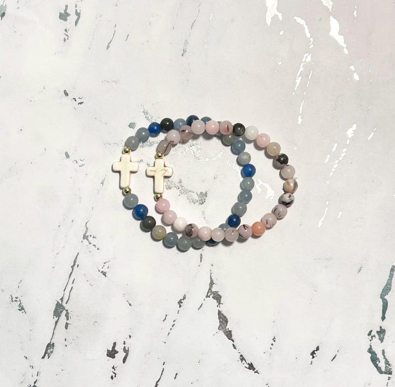 Gemstone cross bead bracelet boho religious jewelry for women faith inspired jewelry for moms bone bead cross bracelet Easter gift for her image 12