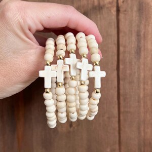 Gemstone cross bead bracelet boho religious jewelry for women faith inspired jewelry for moms bone bead cross bracelet Easter gift for her image 13