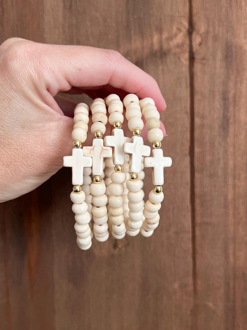 Gemstone cross bead bracelet boho religious jewelry for women faith inspired jewelry for moms bone bead cross bracelet Easter gift for her image 13