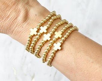 Pulsera de cruz con cuentas doradas, regalo para ella, delicada pulsera apilable, pulsera de cruz, pulsera de la amistad cristiana