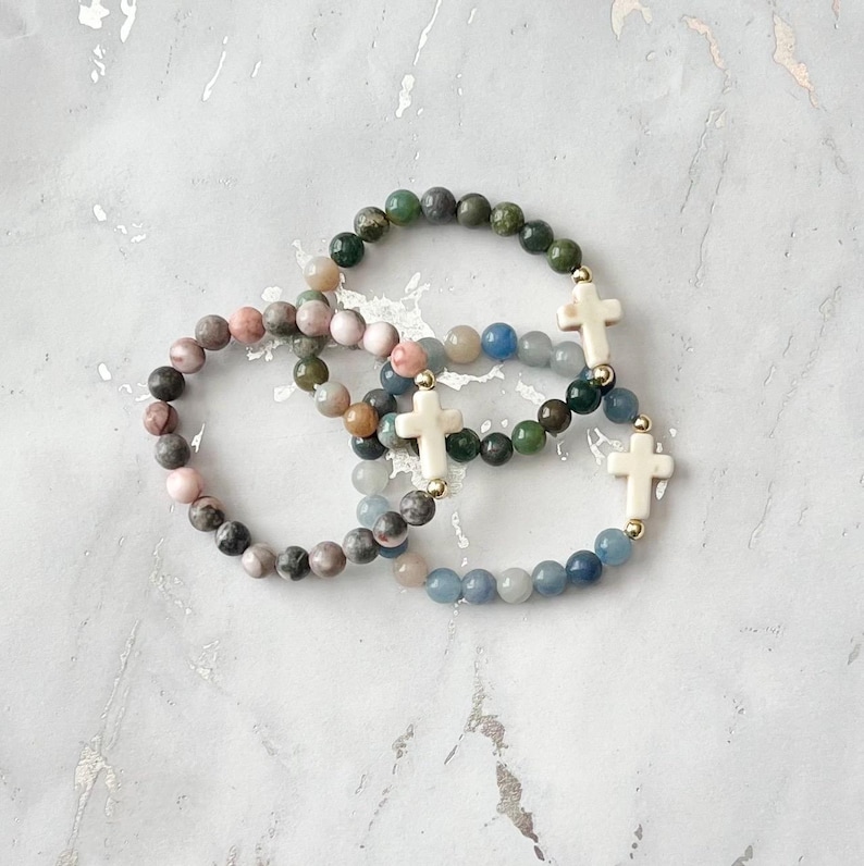 Gemstone cross bead bracelet boho religious jewelry for women faith inspired jewelry for moms bone bead cross bracelet Easter gift for her image 8