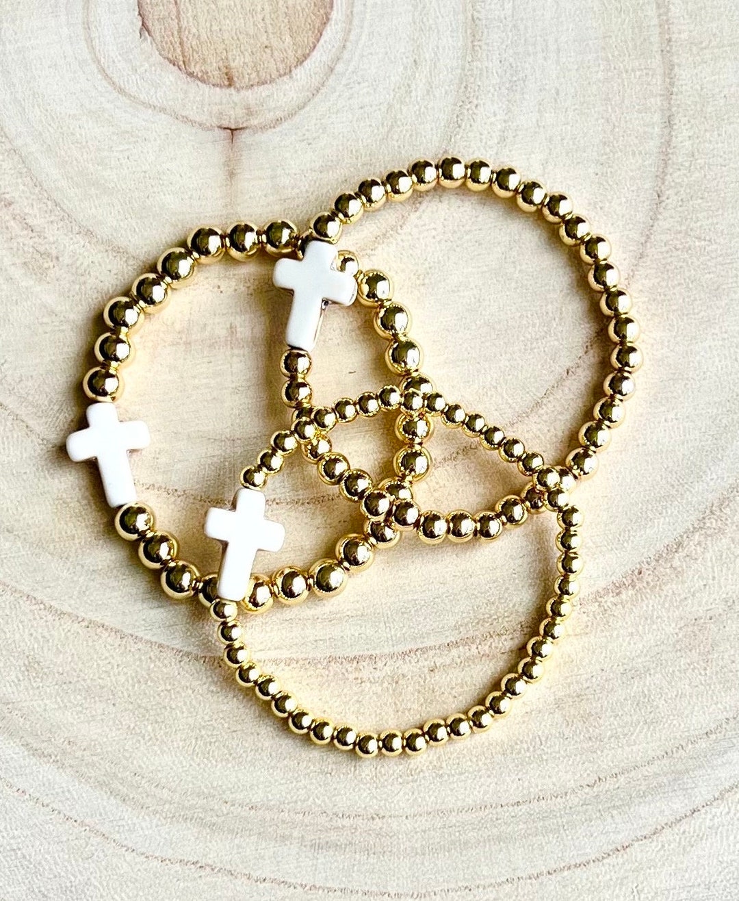 Gold Bead Cross Bracelet, Religious Bracelet, Stacking Bracelet